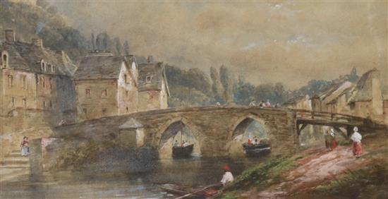 19th century English School, watercolour, town scene with a bridge over a river, unsigned, 25 x 37cm